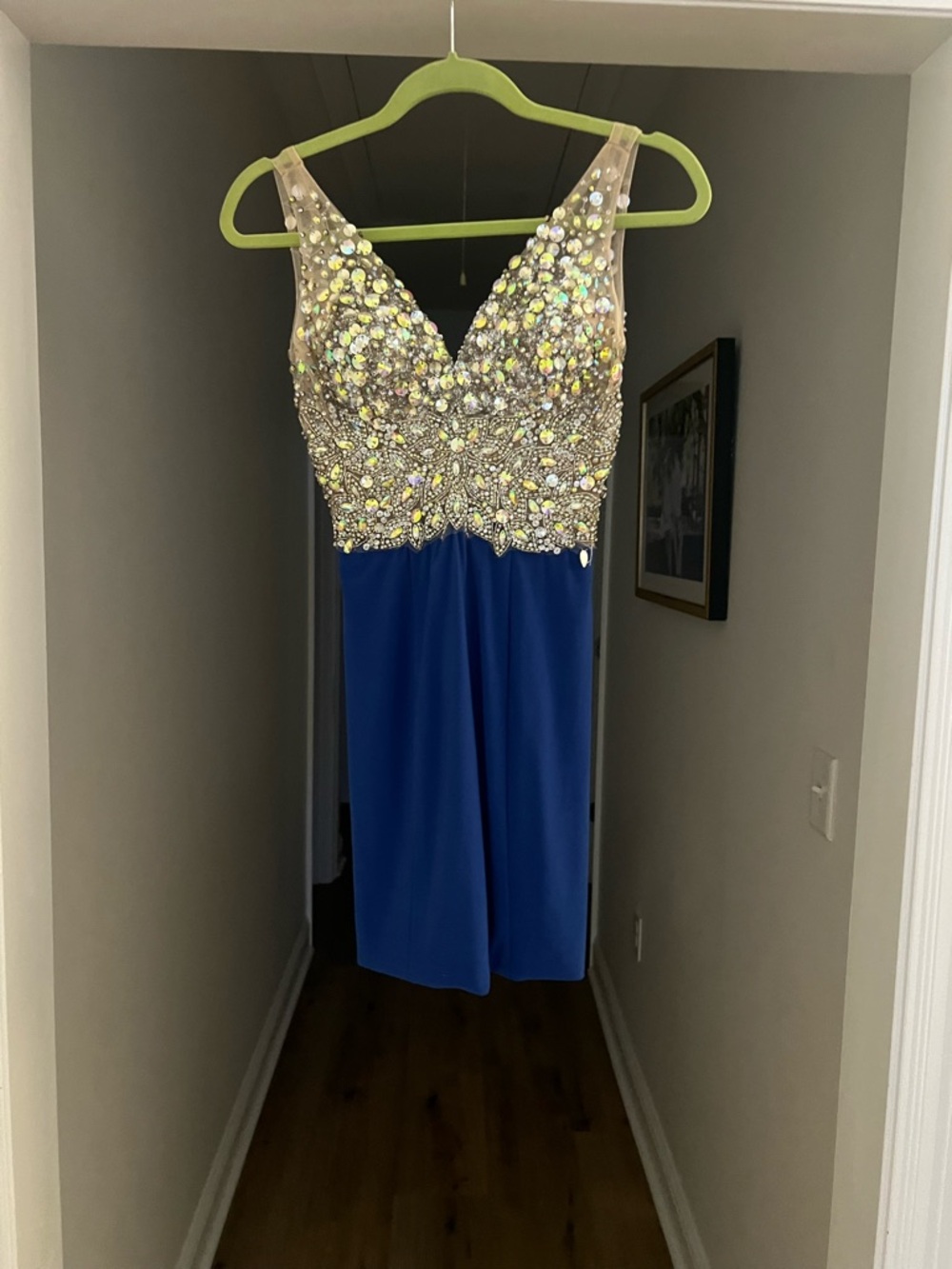 Jovani Royal Blue Dress with Champagne Beaded Bodice